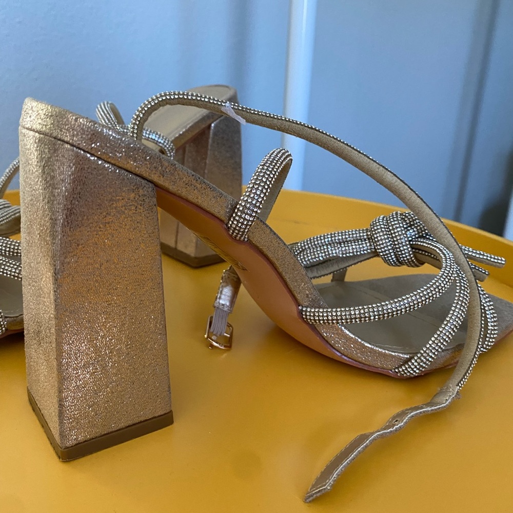 Glamorous Champagne Ankle Strap Rhinestone Chunky Heels - Picture 6 of 8